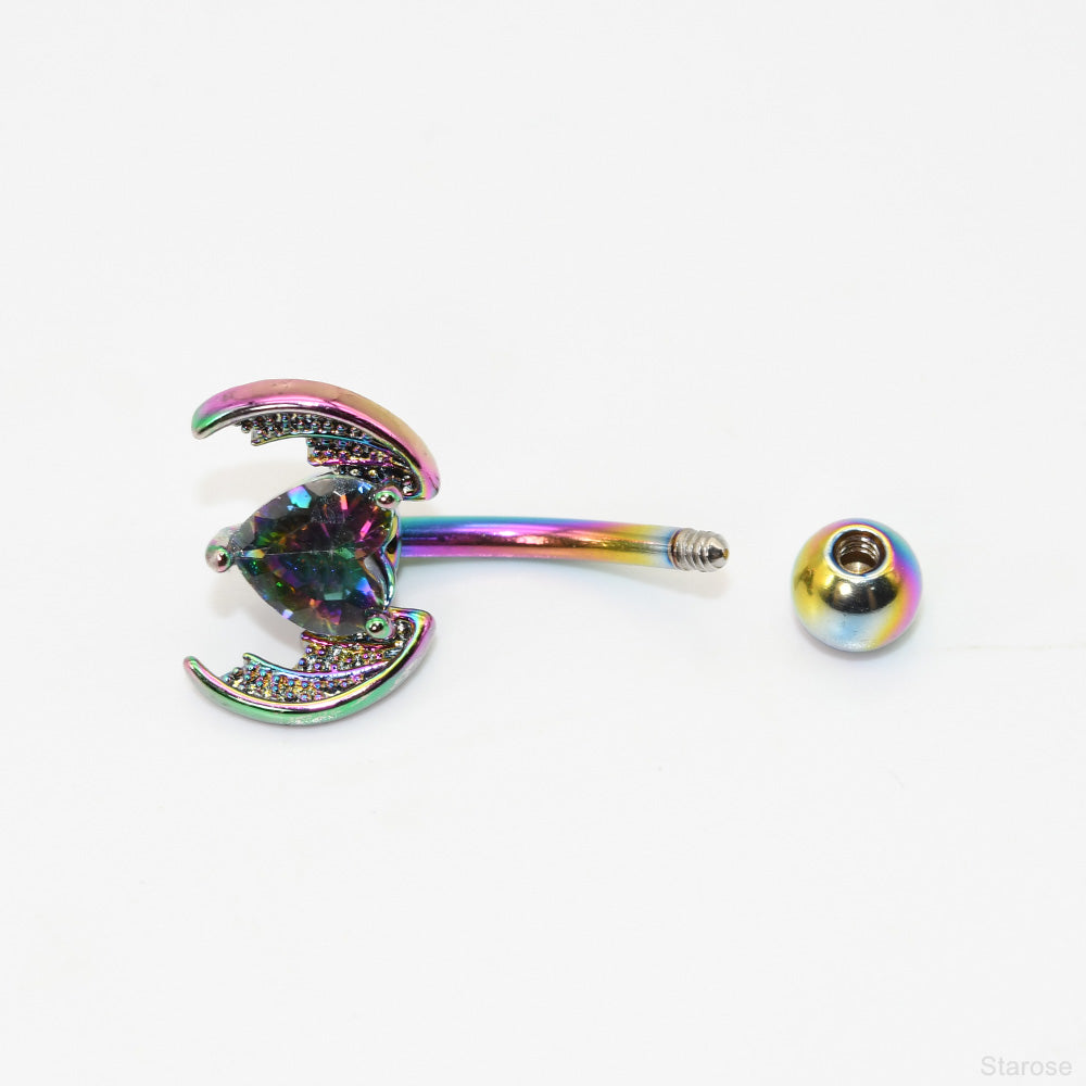 1 Piece Dark Animal Bat Navel Rings with Heart Rhinestone Stainless Steel Belly Button Piercing Navel Jewelry