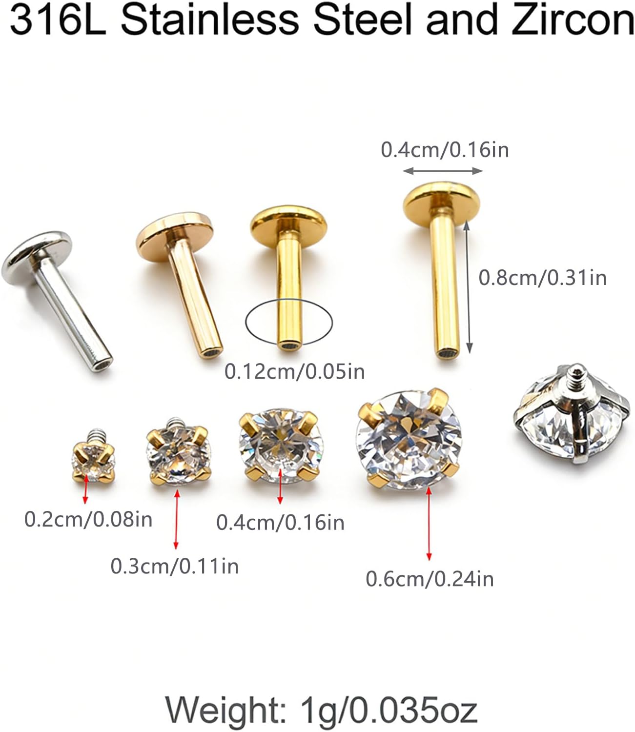 4 Pairs Set 316L Surgical Steel Labret Ear Nose Stud with 2-5mm Round CZ Flat Back Medusa Piercing Helix Cartilage Earrings 16G