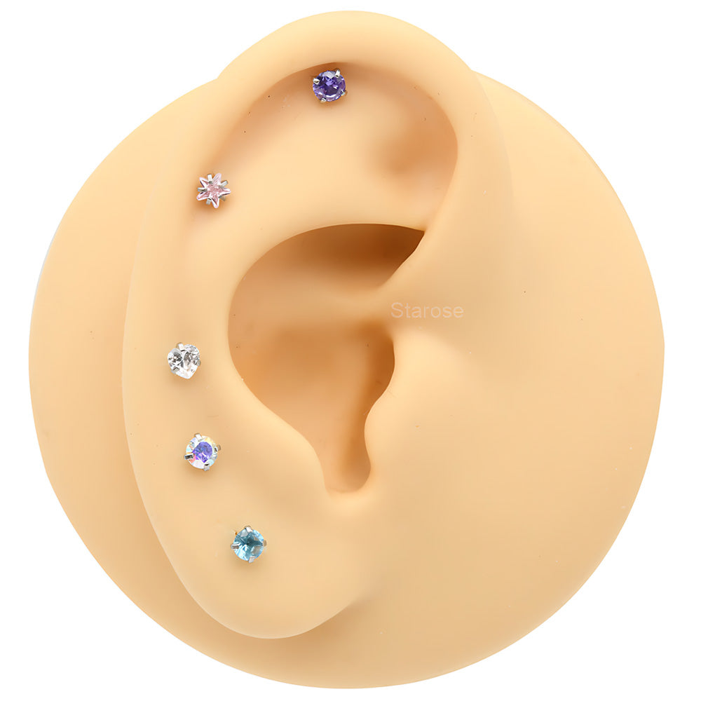 3Pcs Pack 0.8x7mm Bone Round Star Heart Crystal Nose Studs Stainless Steel Lip Nose Piercing Ear Jewelry