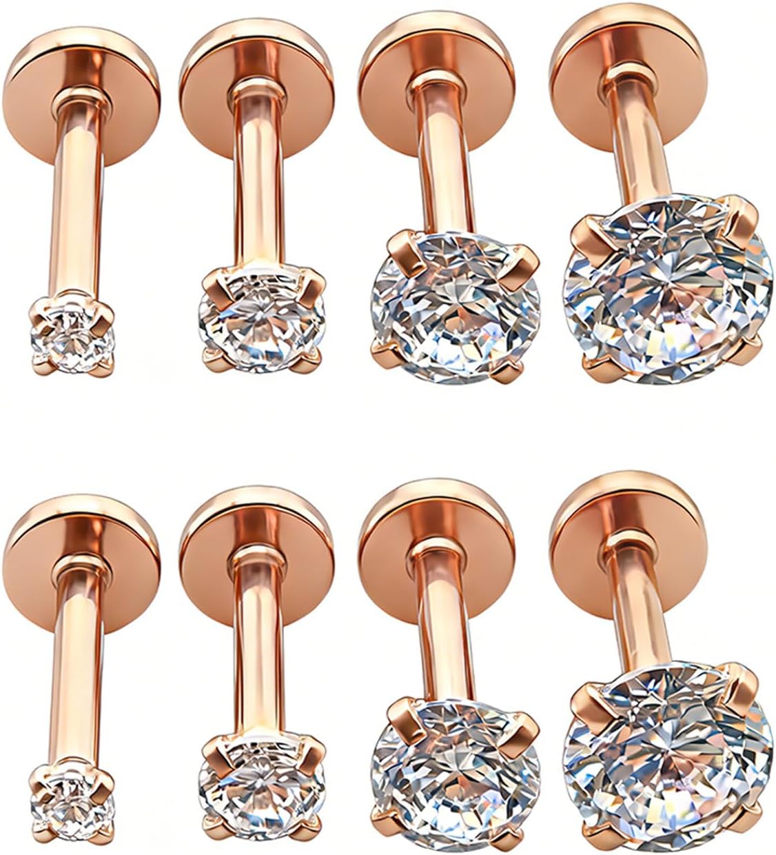4 Pairs Set 316L Surgical Steel Labret Ear Nose Stud with 2-5mm Round CZ Flat Back Medusa Piercing Helix Cartilage Earrings 16G