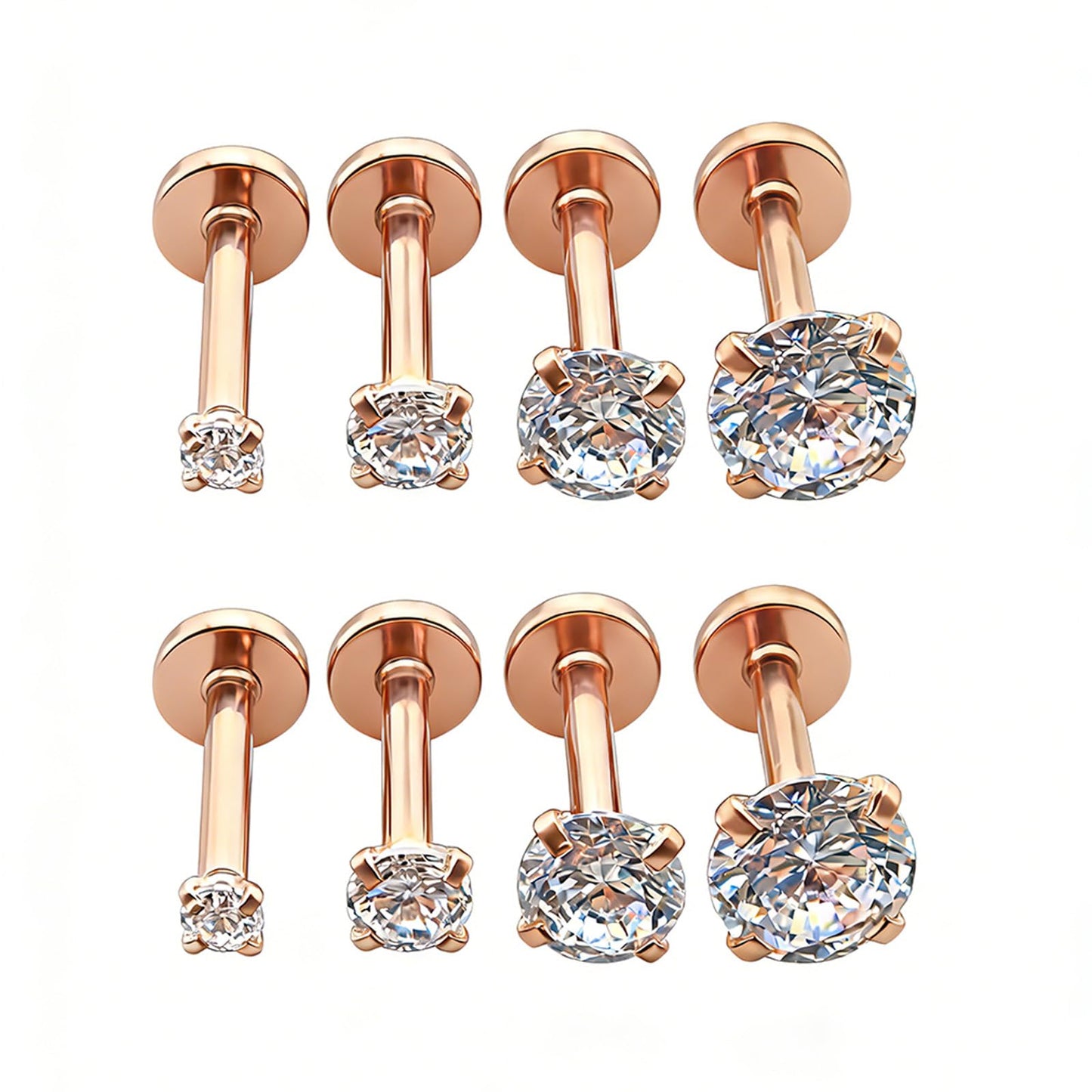 4 Pairs Set 316L Surgical Steel Labret Ear Nose Stud with 2-5mm Round CZ Flat Back Medusa Piercing Helix Cartilage Earrings 16G