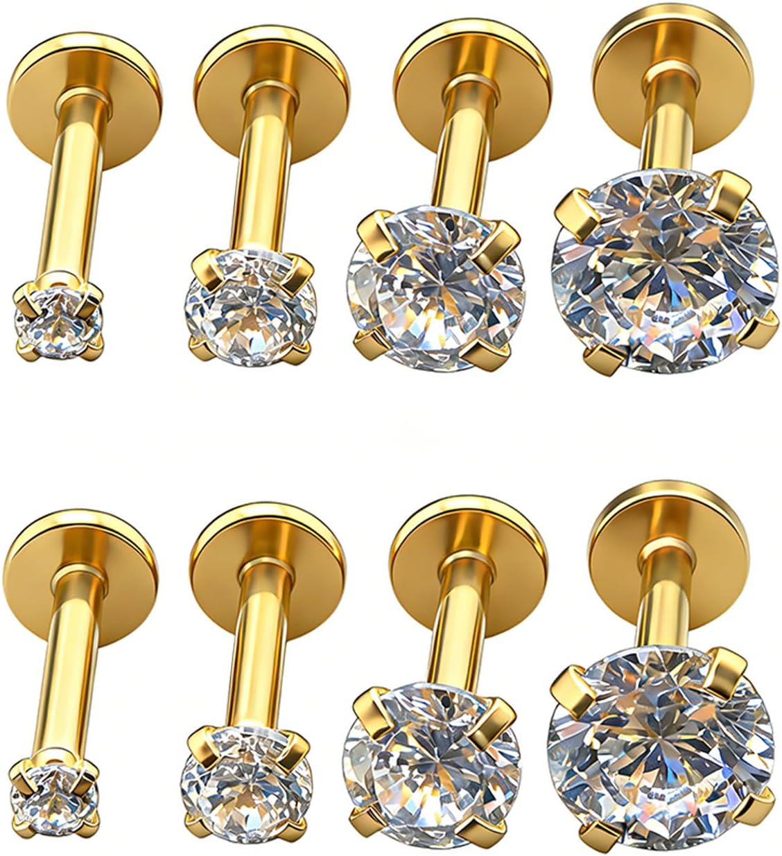 4 Pairs Set 316L Surgical Steel Labret Ear Nose Stud with 2-5mm Round CZ Flat Back Medusa Piercing Helix Cartilage Earrings 16G