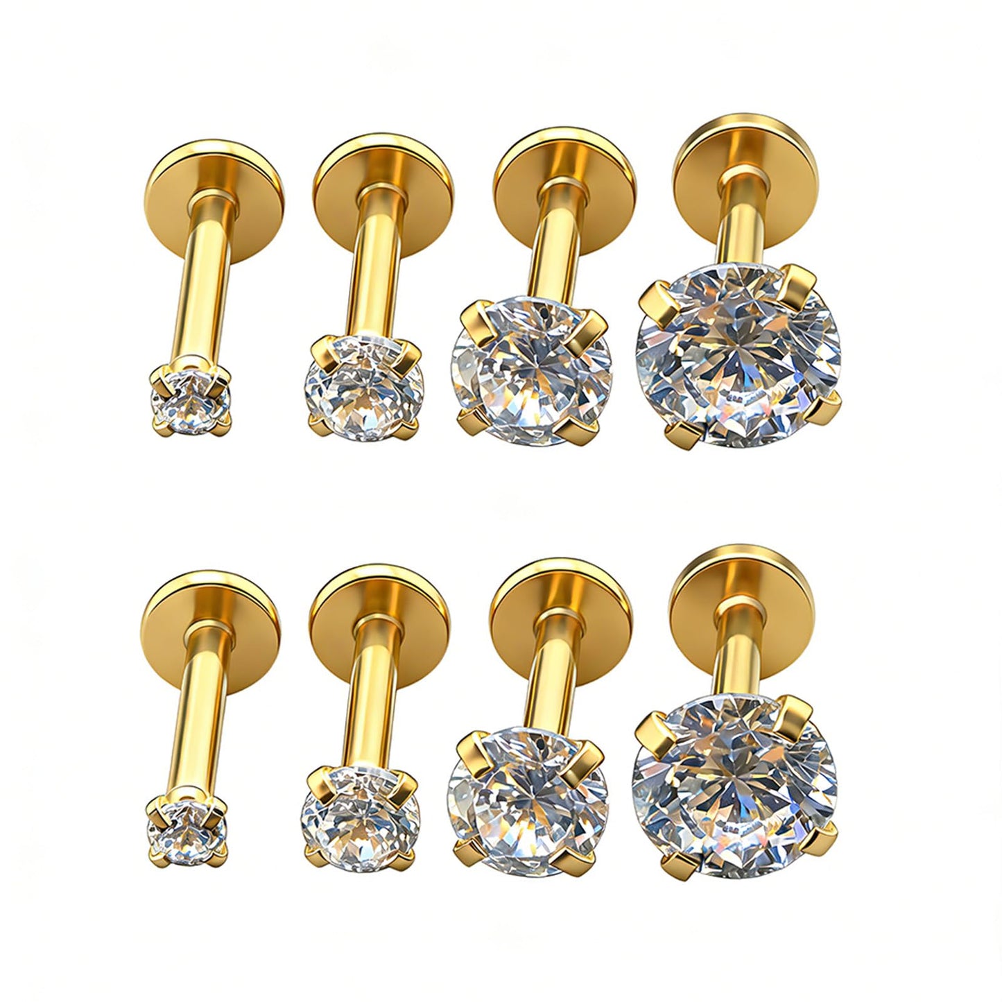4 Pairs Set 316L Surgical Steel Labret Ear Nose Stud with 2-5mm Round CZ Flat Back Medusa Piercing Helix Cartilage Earrings 16G