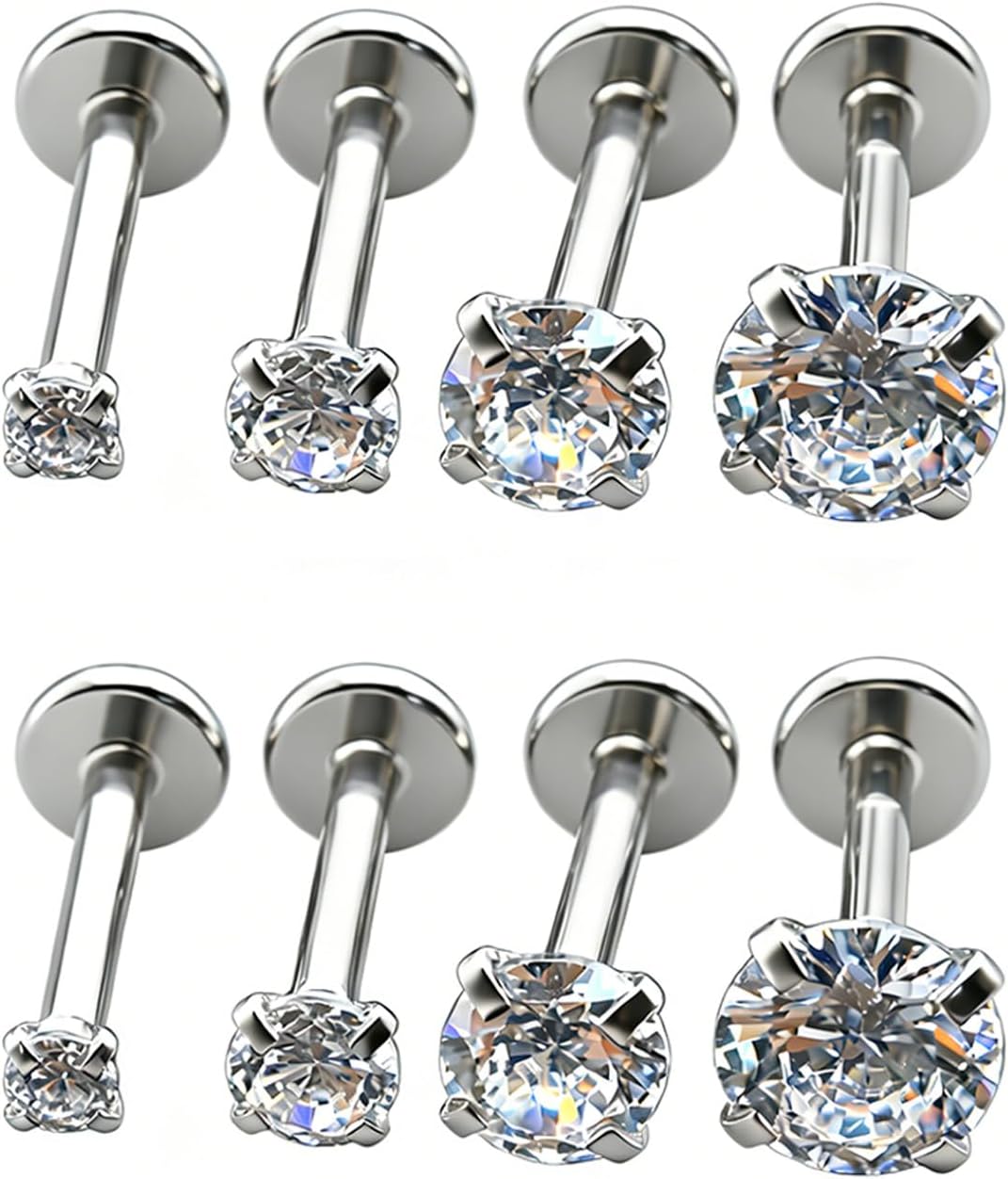 4 Pairs Set 316L Surgical Steel Labret Ear Nose Stud with 2-5mm Round CZ Flat Back Medusa Piercing Helix Cartilage Earrings 16G
