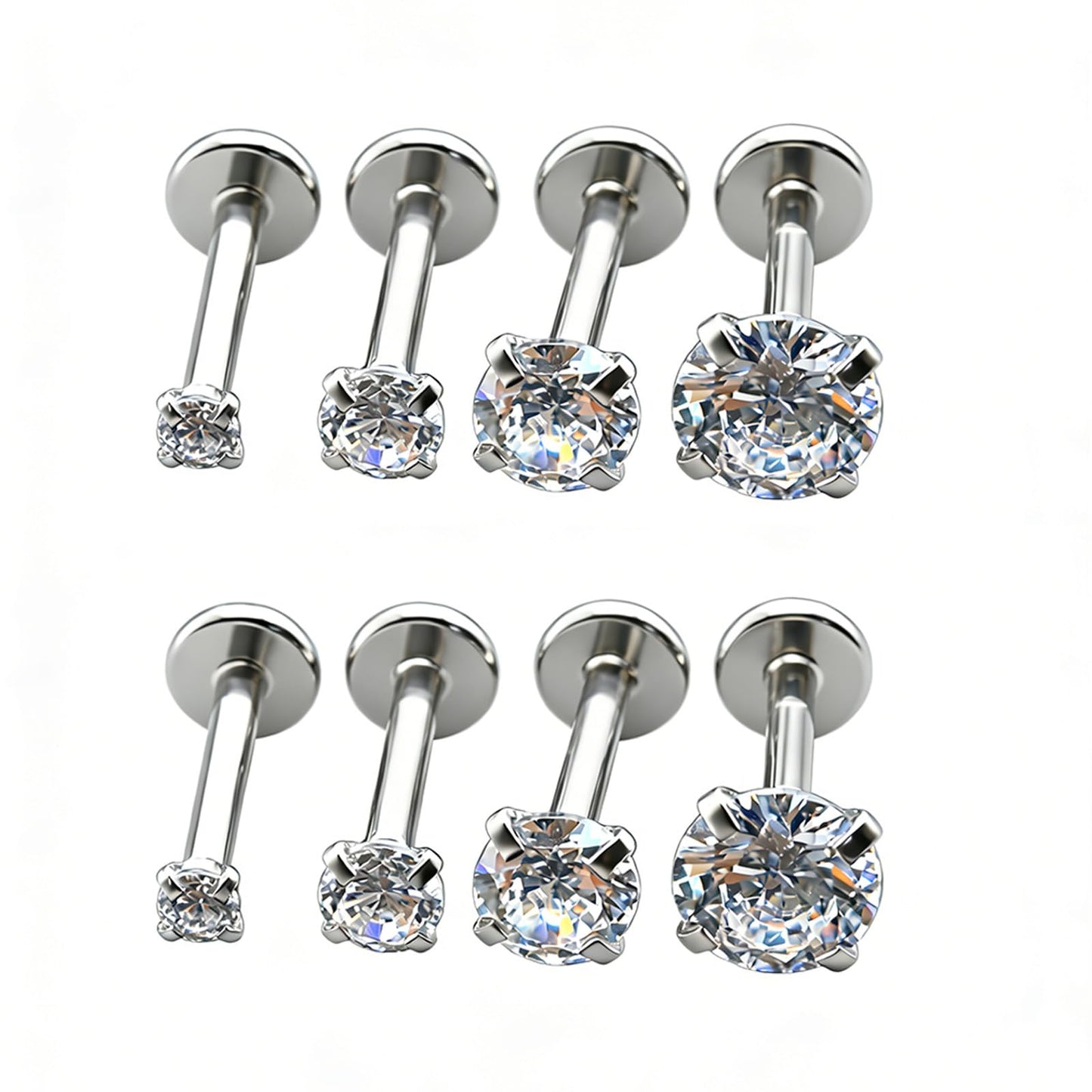4 Pairs Set 316L Surgical Steel Labret Ear Nose Stud with 2-5mm Round CZ Flat Back Medusa Piercing Helix Cartilage Earrings 16G