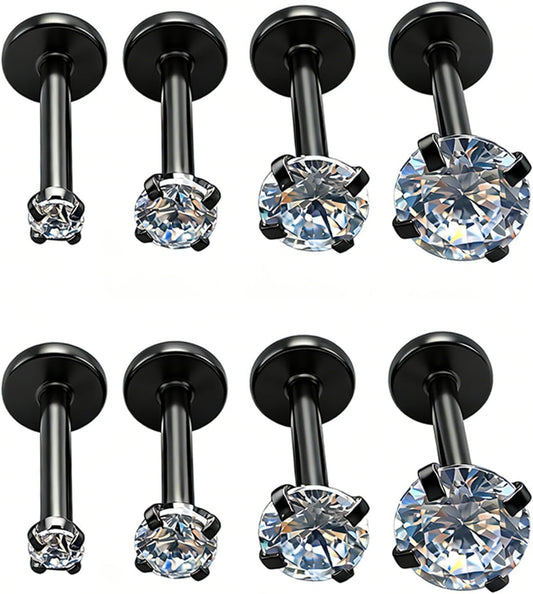 4 Pairs Set 316L Surgical Steel Labret Ear Nose Stud with 2-5mm Round CZ Flat Back Medusa Piercing Helix Cartilage Earrings 16G