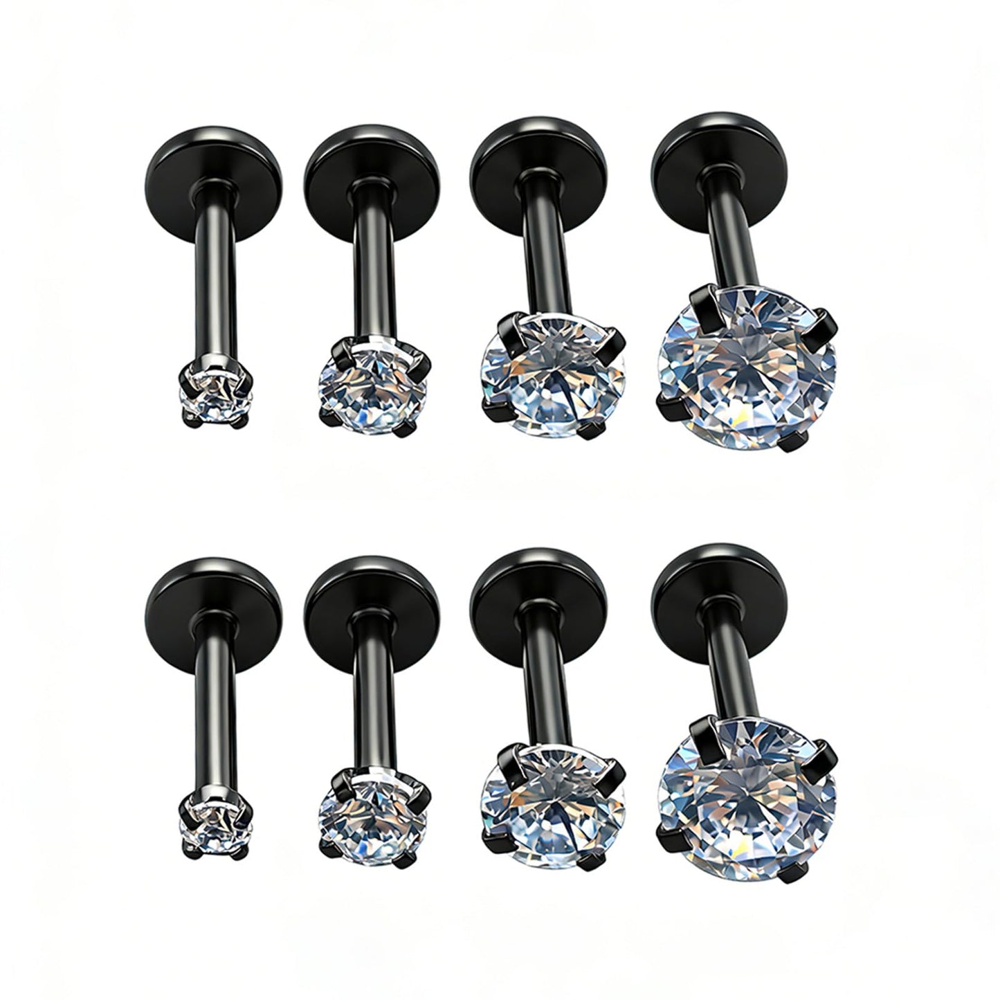 4 Pairs Set 316L Surgical Steel Labret Ear Nose Stud with 2-5mm Round CZ Flat Back Medusa Piercing Helix Cartilage Earrings 16G
