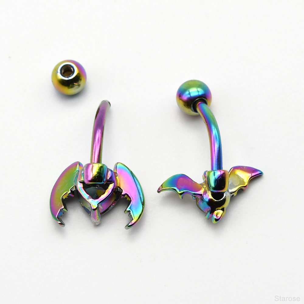 1 Piece Dark Animal Bat Navel Rings with Heart Rhinestone Stainless Steel Belly Button Piercing Navel Jewelry