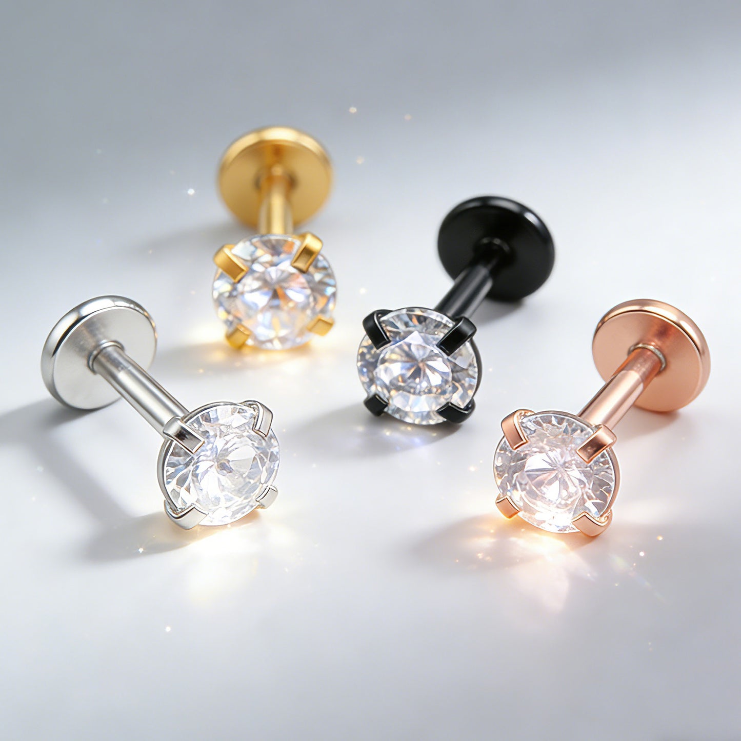 4 Pairs Set 316L Surgical Steel Labret Ear Nose Stud with 2-5mm Round CZ Flat Back Medusa Piercing Helix Cartilage Earrings 16G