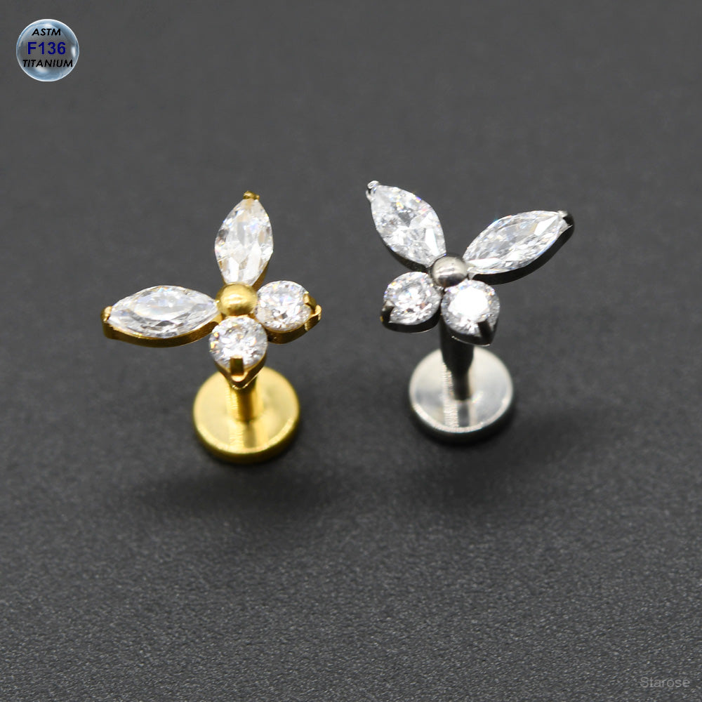 1 Piece Crystal Butterfly Nose Labret Stud Earrings F136 Titanium Body Jewelry