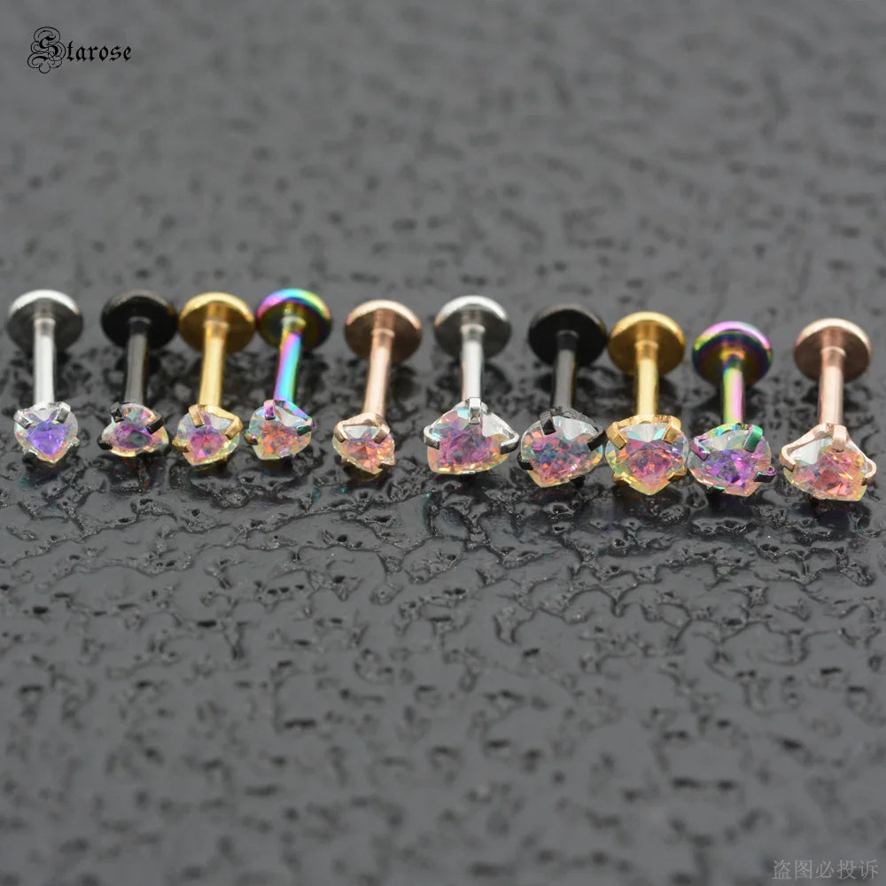 3Pcs-Set 3/4/5mm Rainbow CZ Heart Surgical Steel Nose Labret Stud Helix Tragus Piercing Jewelry Lip Cartilage Piercing 16G Post