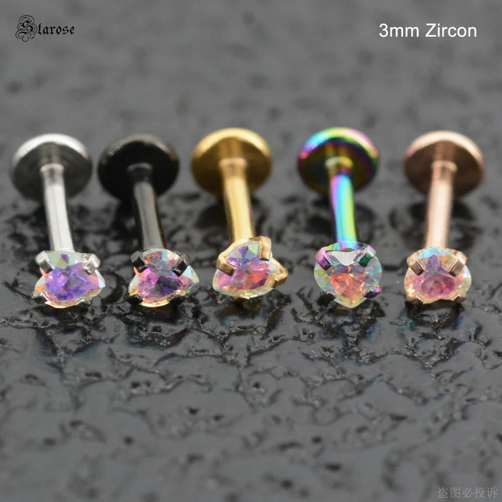 3Pcs-Set 3/4/5mm Rainbow CZ Heart Surgical Steel Nose Labret Stud Helix Tragus Piercing Jewelry Lip Cartilage Piercing 16G Post