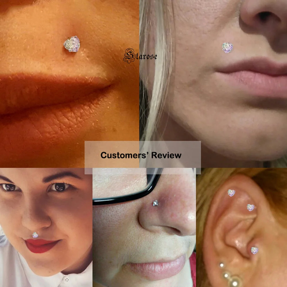 3Pcs-Set 3/4/5mm Rainbow CZ Heart Surgical Steel Nose Labret Stud Helix Tragus Piercing Jewelry Lip Cartilage Piercing 16G Post
