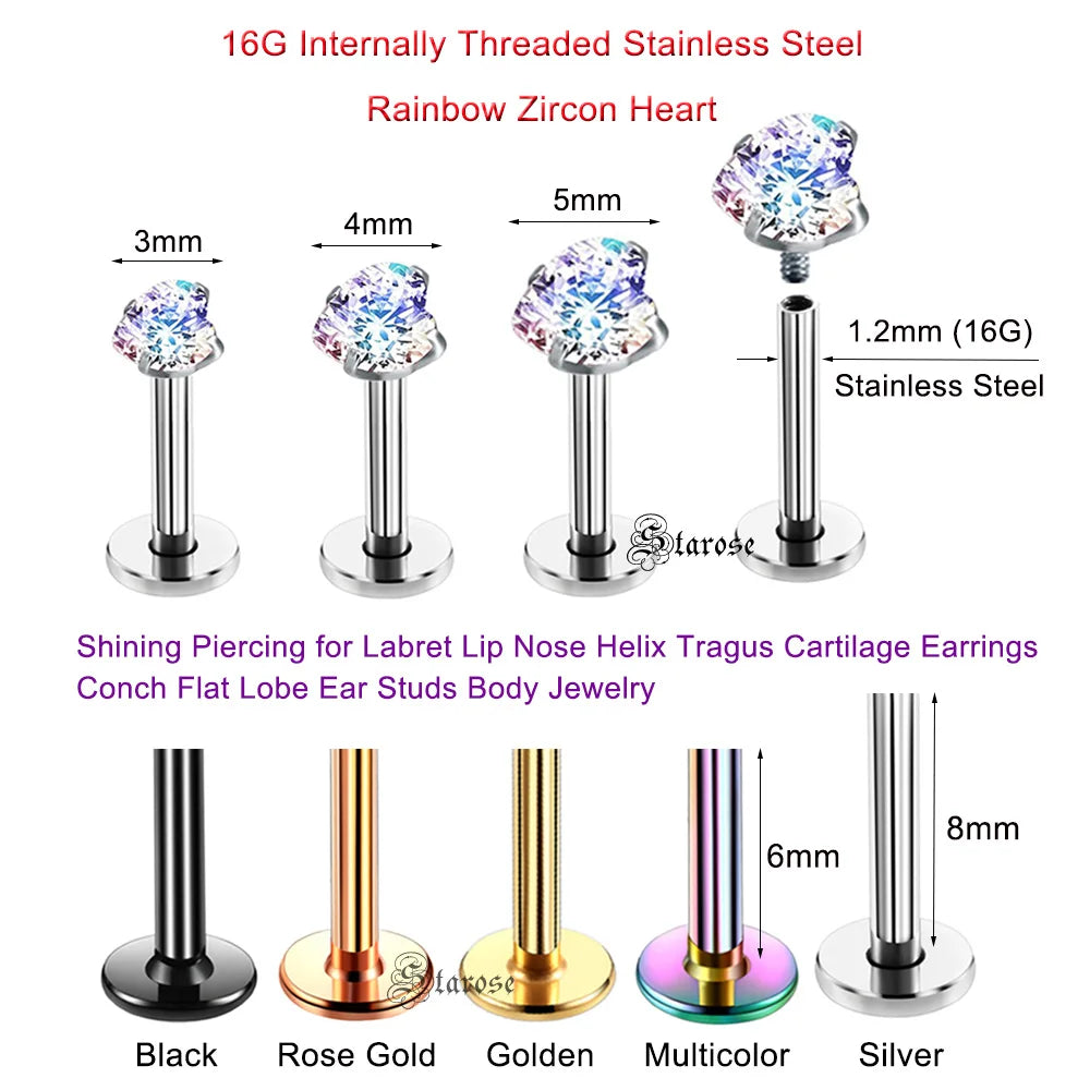 3Pcs-Set 3/4/5mm Rainbow CZ Heart Surgical Steel Nose Labret Stud Helix Tragus Piercing Jewelry Lip Cartilage Piercing 16G Post