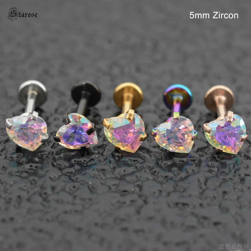 3Pcs-Set 3/4/5mm Rainbow CZ Heart Surgical Steel Nose Labret Stud Helix Tragus Piercing Jewelry Lip Cartilage Piercing 16G Post
