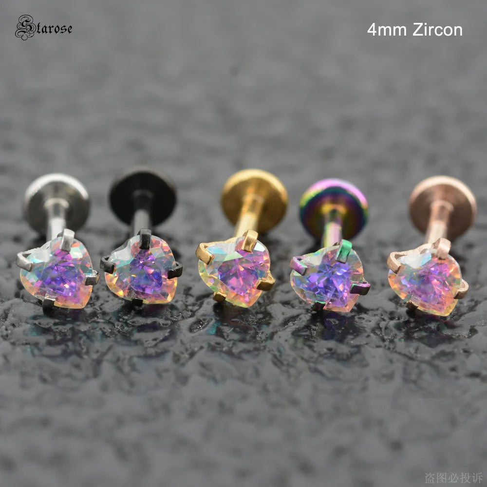 3Pcs-Set 3/4/5mm Rainbow CZ Heart Surgical Steel Nose Labret Stud Helix Tragus Piercing Jewelry Lip Cartilage Piercing 16G Post