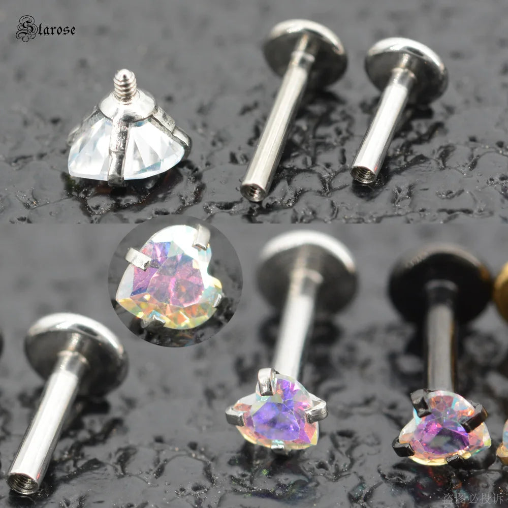 3Pcs-Set 3/4/5mm Rainbow CZ Heart Surgical Steel Nose Labret Stud Helix Tragus Piercing Jewelry Lip Cartilage Piercing 16G Post