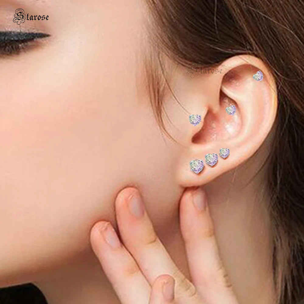 3Pcs-Set 3/4/5mm Rainbow CZ Heart Surgical Steel Nose Labret Stud Helix Tragus Piercing Jewelry Lip Cartilage Piercing 16G Post