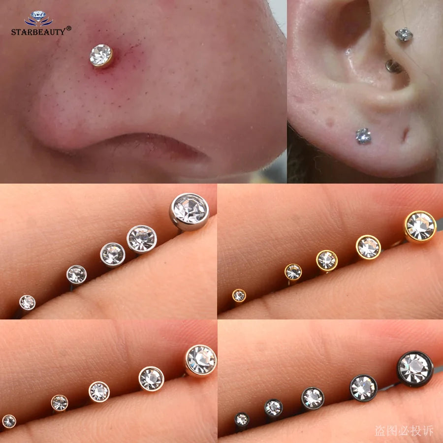 5Pcs Pack 1.2x6/8mm Post Round CZ Nose Stud Flat Back Labret Lip Ring Surgical Steel Helix Piercing Oreja Conch Piercing Cartilage Stud Earrings for Women Men Tragus Body Jewelry