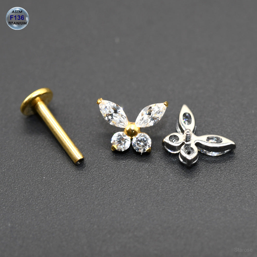 1 Piece Crystal Butterfly Nose Labret Stud Earrings F136 Titanium Body Jewelry