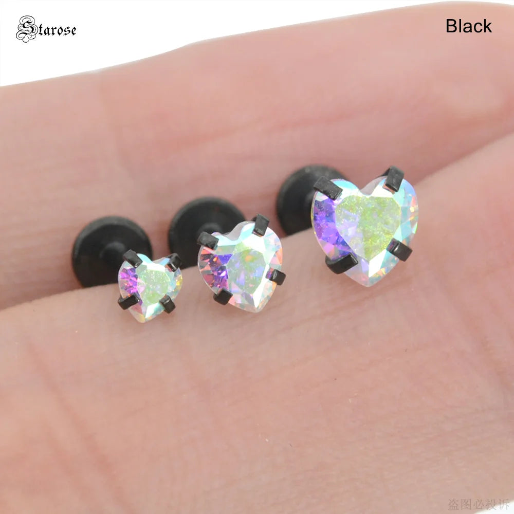 3Pcs-Set 3/4/5mm Rainbow CZ Heart Surgical Steel Nose Labret Stud Helix Tragus Piercing Jewelry Lip Cartilage Piercing 16G Post
