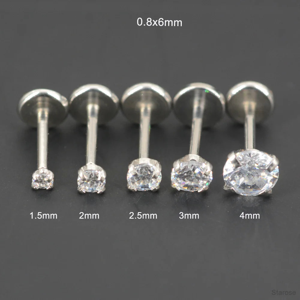 2 Pcs/Lot 20G-16G Pin Push-in Threadless Labret Stud for Ears Nose Stud with Flat Back 1.5/4mm CZ Stainless Steel Plug-in Conch Piercing Tragus Helix Piercing Jewelry