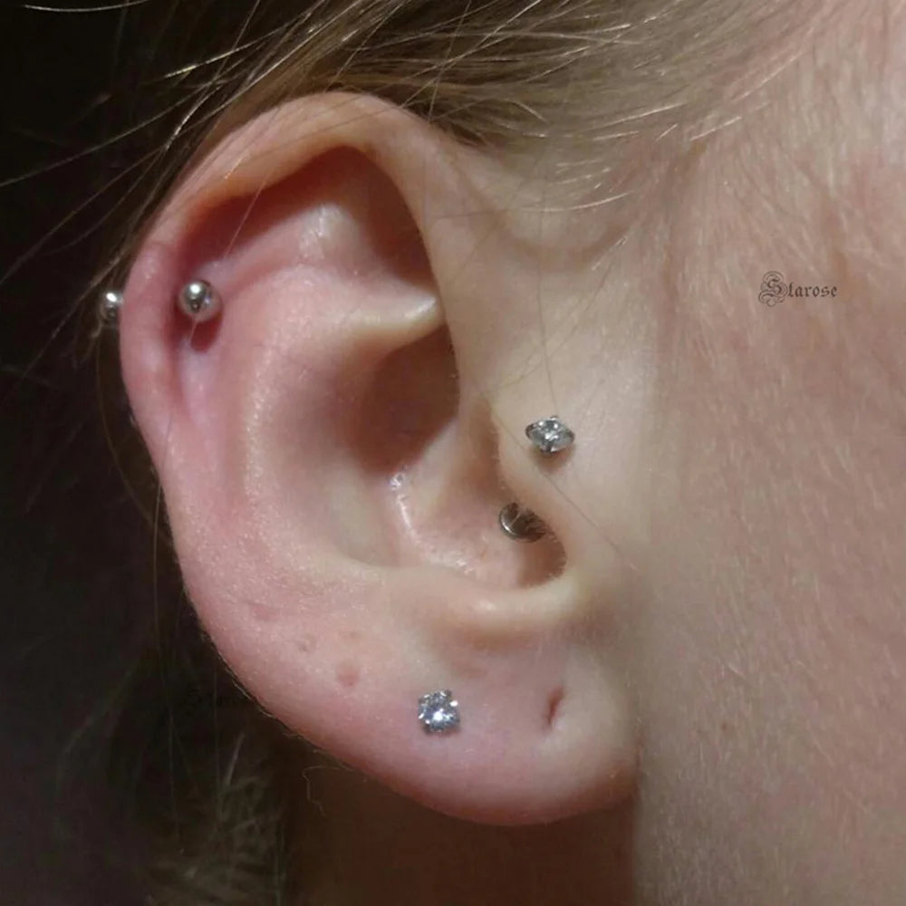 2 Pcs/Lot 20G-16G Pin Push-in Threadless Labret Stud for Ears Nose Stud with Flat Back 1.5/4mm CZ Stainless Steel Plug-in Conch Piercing Tragus Helix Piercing Jewelry