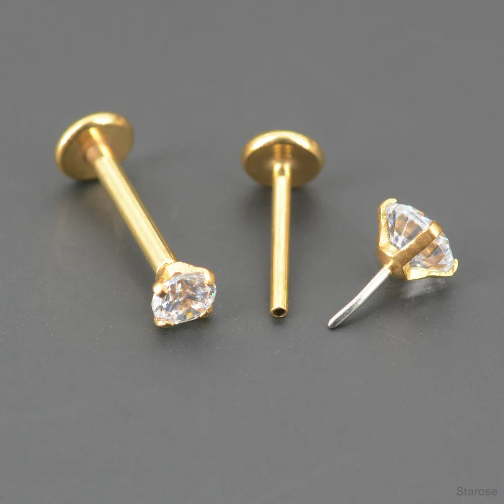 2 Pcs/Lot 20G-16G Pin Push-in Threadless Labret Stud for Ears Nose Stud with Flat Back 1.5/4mm CZ Stainless Steel Plug-in Conch Piercing Tragus Helix Piercing Jewelry