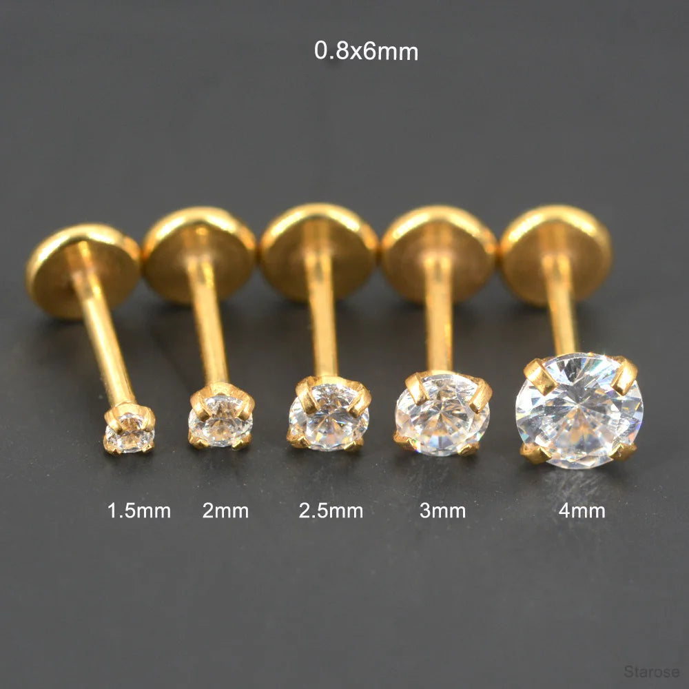 2 Pcs/Lot 20G-16G Pin Push-in Threadless Labret Stud for Ears Nose Stud with Flat Back 1.5/4mm CZ Stainless Steel Plug-in Conch Piercing Tragus Helix Piercing Jewelry
