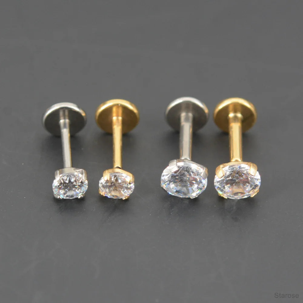 2 Pcs/Lot 20G-16G Pin Push-in Threadless Labret Stud for Ears Nose Stud with Flat Back 1.5/4mm CZ Stainless Steel Plug-in Conch Piercing Tragus Helix Piercing Jewelry