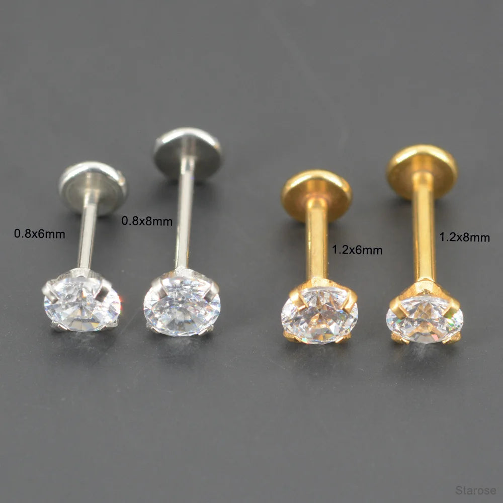 2 Pcs/Lot 20G-16G Pin Push-in Threadless Labret Stud for Ears Nose Stud with Flat Back 1.5/4mm CZ Stainless Steel Plug-in Conch Piercing Tragus Helix Piercing Jewelry