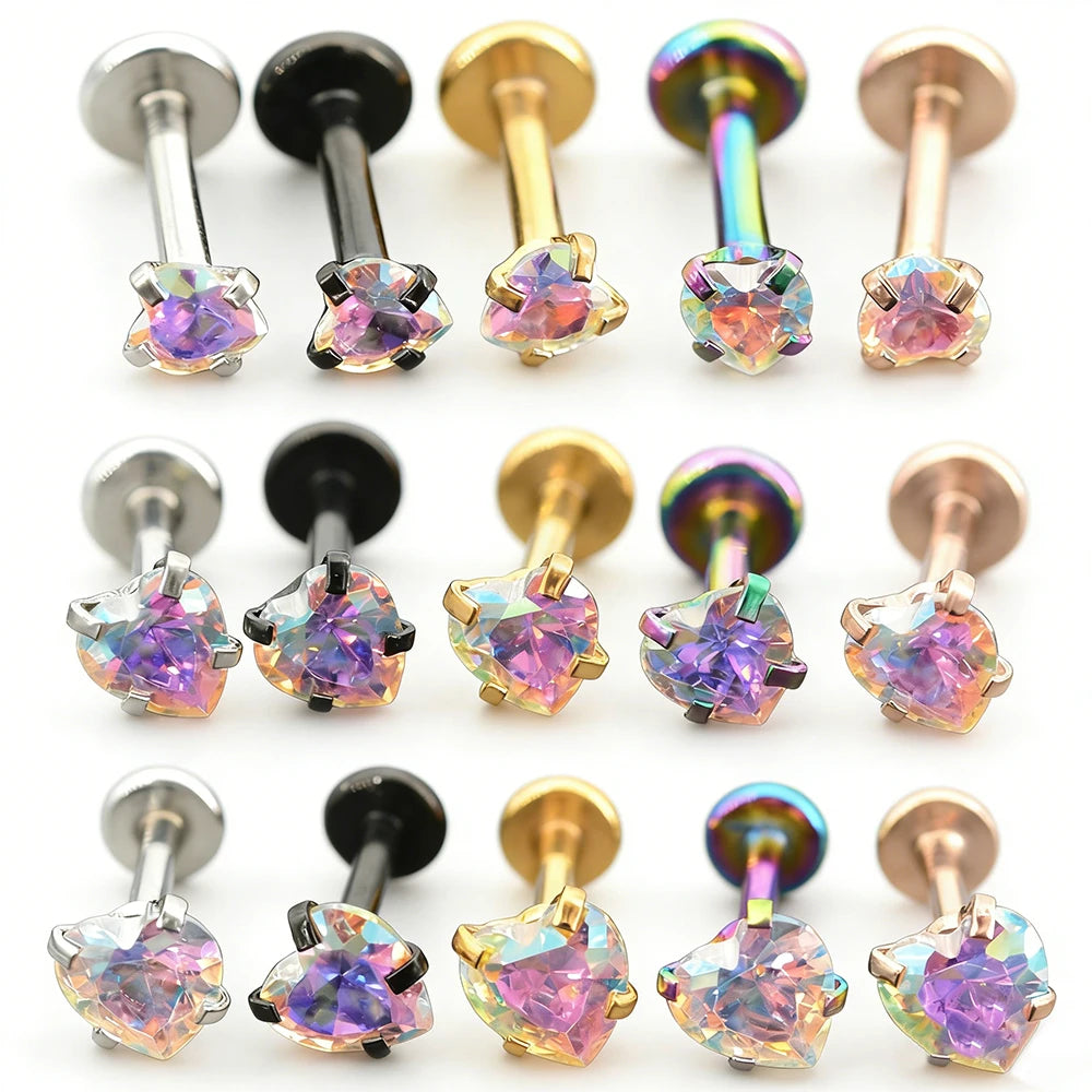 3Pcs-Set 3/4/5mm Rainbow CZ Heart Surgical Steel Nose Labret Stud Helix Tragus Piercing Jewelry Lip Cartilage Piercing 16G Post