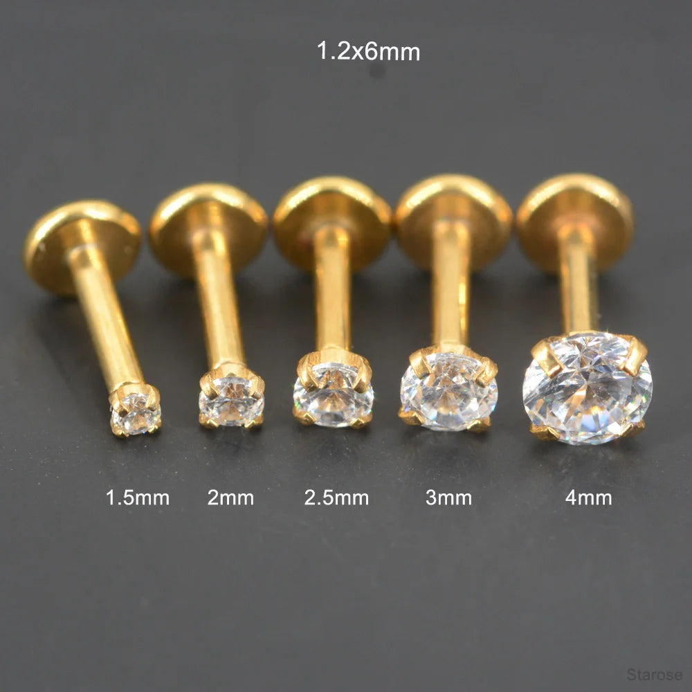 2 Pcs/Lot 20G-16G Pin Push-in Threadless Labret Stud for Ears Nose Stud with Flat Back 1.5/4mm CZ Stainless Steel Plug-in Conch Piercing Tragus Helix Piercing Jewelry