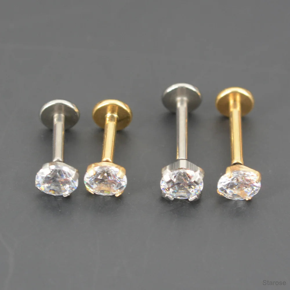 2 Pcs/Lot 20G-16G Pin Push-in Threadless Labret Stud for Ears Nose Stud with Flat Back 1.5/4mm CZ Stainless Steel Plug-in Conch Piercing Tragus Helix Piercing Jewelry
