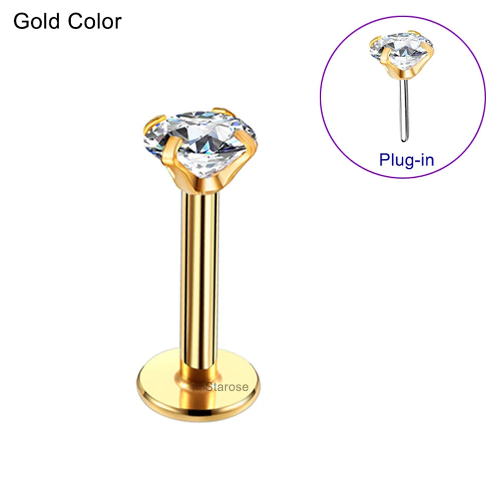 2 Pcs/Lot 20G-16G Pin Push-in Threadless Labret Stud for Ears Nose Stud with Flat Back 1.5/4mm CZ Stainless Steel Plug-in Conch Piercing Tragus Helix Piercing Jewelry