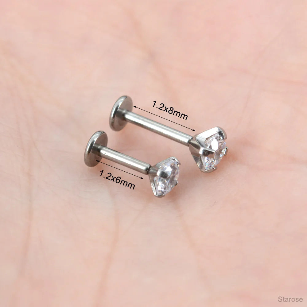 2 Pcs/Lot 20G-16G Pin Push-in Threadless Labret Stud for Ears Nose Stud with Flat Back 1.5/4mm CZ Stainless Steel Plug-in Conch Piercing Tragus Helix Piercing Jewelry