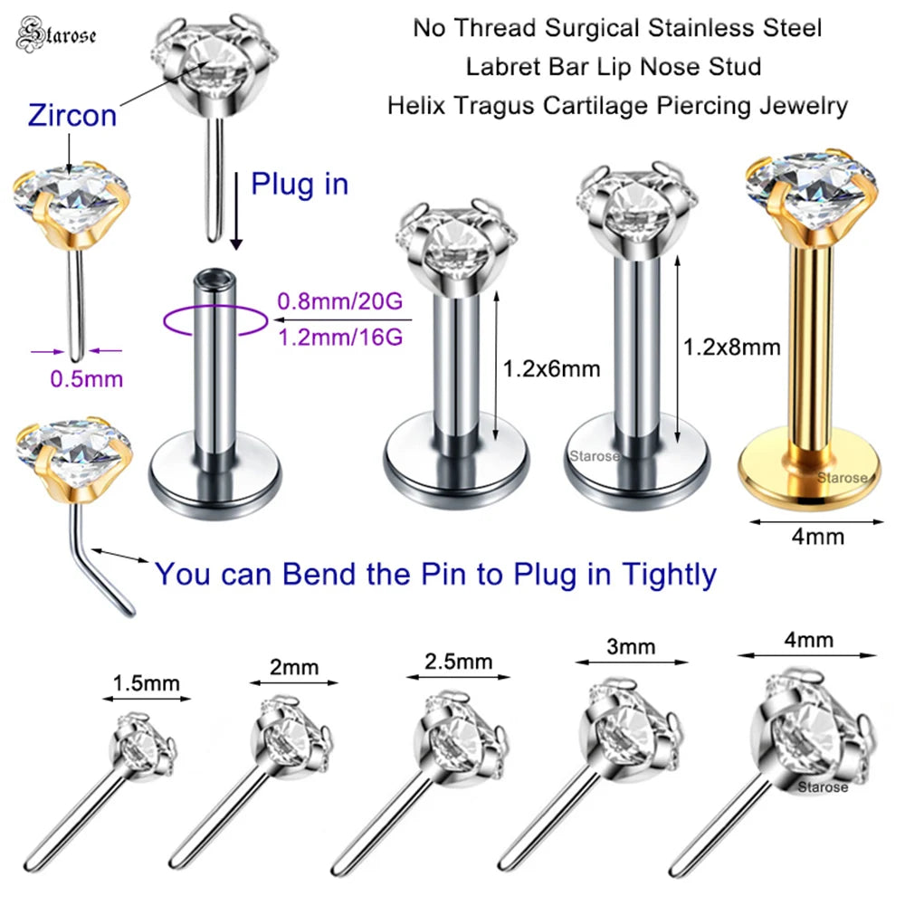 2 Pcs/Lot 20G-16G Pin Push-in Threadless Labret Stud for Ears Nose Stud with Flat Back 1.5/4mm CZ Stainless Steel Plug-in Conch Piercing Tragus Helix Piercing Jewelry