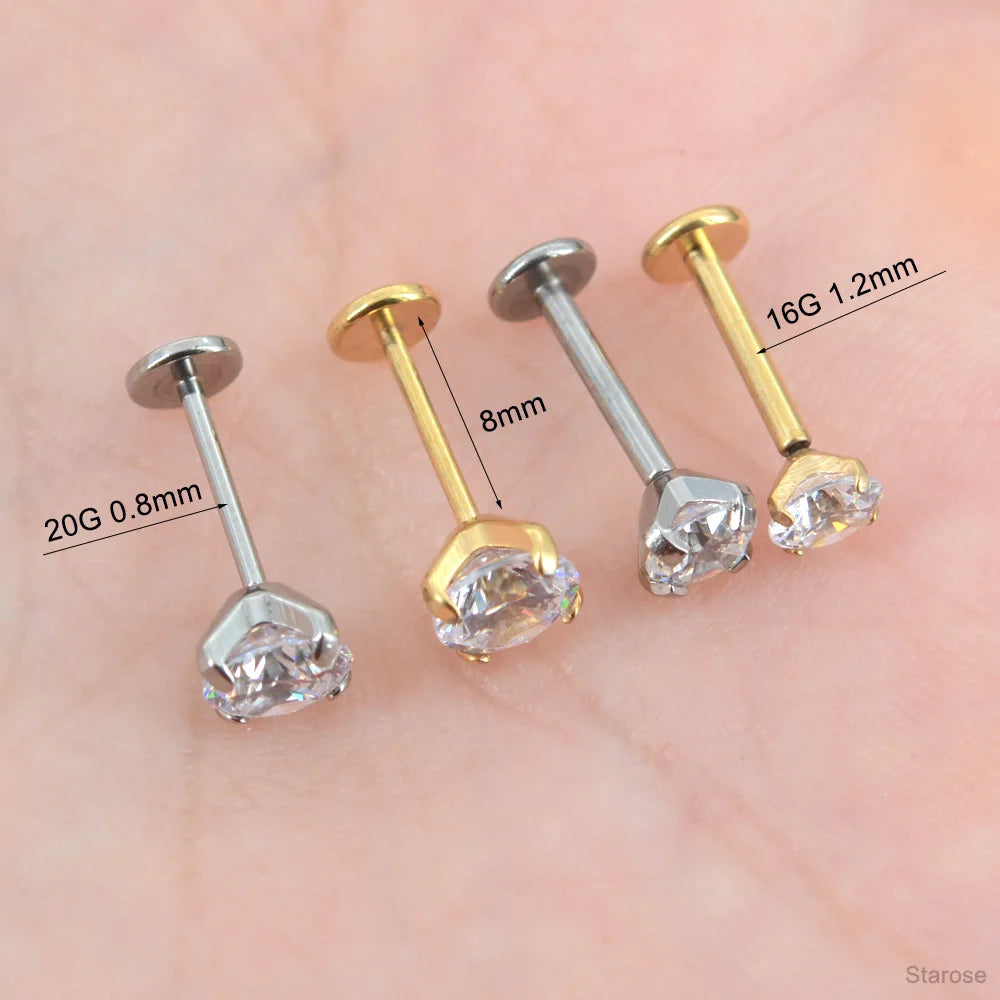 2 Pcs/Lot 20G-16G Pin Push-in Threadless Labret Stud for Ears Nose Stud with Flat Back 1.5/4mm CZ Stainless Steel Plug-in Conch Piercing Tragus Helix Piercing Jewelry