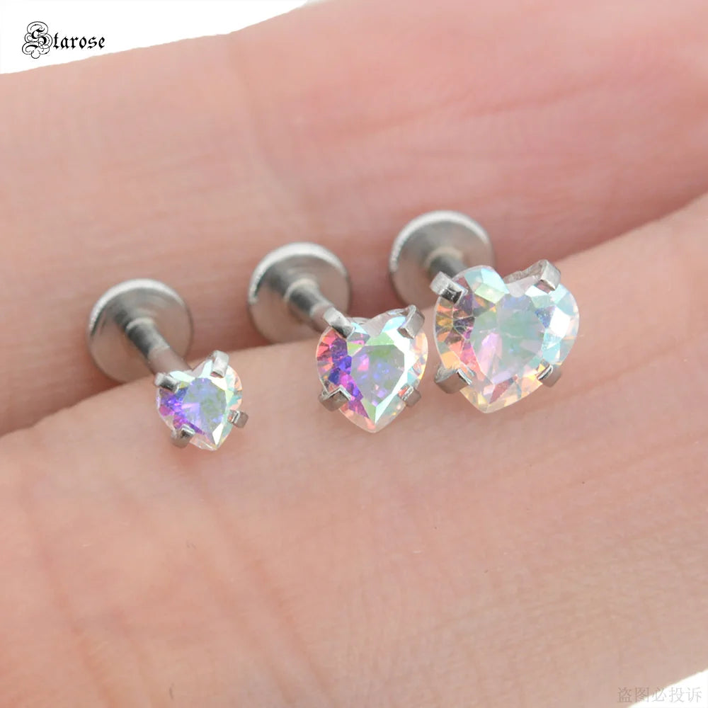 3Pcs-Set 3/4/5mm Rainbow CZ Heart Surgical Steel Nose Labret Stud Helix Tragus Piercing Jewelry Lip Cartilage Piercing 16G Post