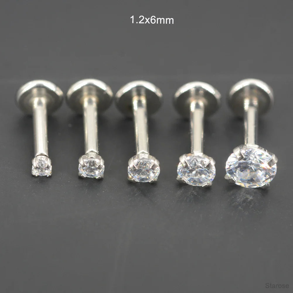 2 Pcs/Lot 20G-16G Pin Push-in Threadless Labret Stud for Ears Nose Stud with Flat Back 1.5/4mm CZ Stainless Steel Plug-in Conch Piercing Tragus Helix Piercing Jewelry