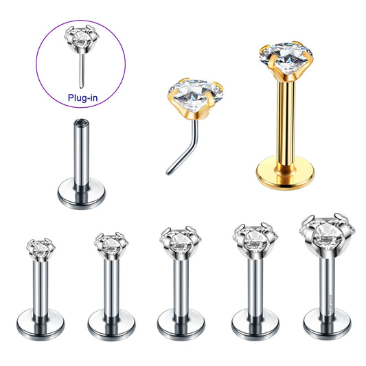 2 Pcs/Lot 20G-16G Pin Push-in Threadless Labret Stud for Ears Nose Stud with Flat Back 1.5/4mm CZ Stainless Steel Plug-in Conch Piercing Tragus Helix Piercing Jewelry