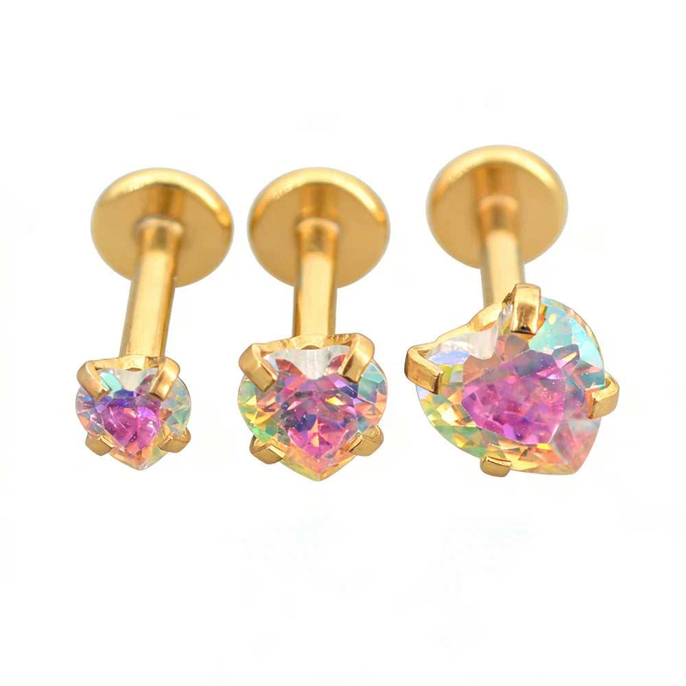 3Pcs-Set 3/4/5mm Rainbow CZ Heart Surgical Steel Nose Labret Stud Helix Tragus Piercing Jewelry Lip Cartilage Piercing 16G Post
