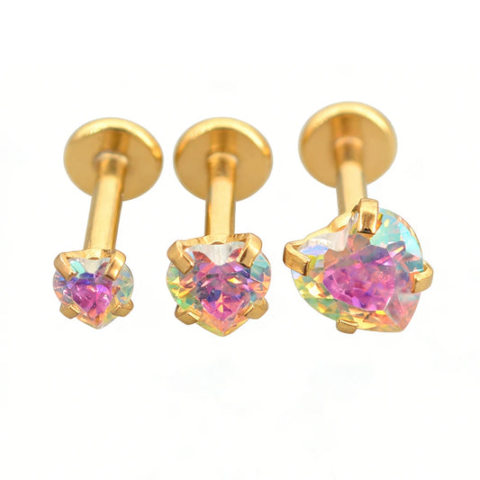 3Pcs-Set 3/4/5mm Rainbow CZ Heart Surgical Steel Nose Labret Stud Helix Tragus Piercing Jewelry Lip Cartilage Piercing 16G Post