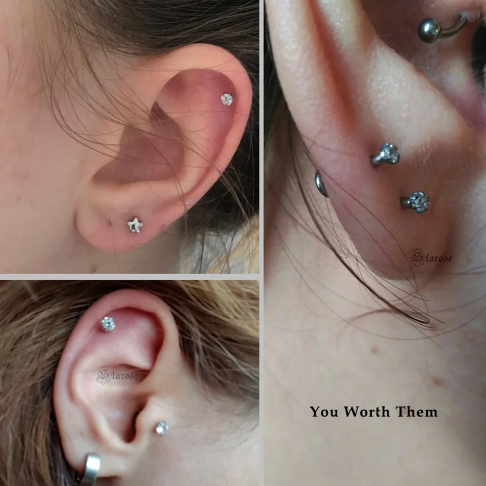 2 Pcs/Lot 20G-16G Pin Push-in Threadless Labret Stud for Ears Nose Stud with Flat Back 1.5/4mm CZ Stainless Steel Plug-in Conch Piercing Tragus Helix Piercing Jewelry