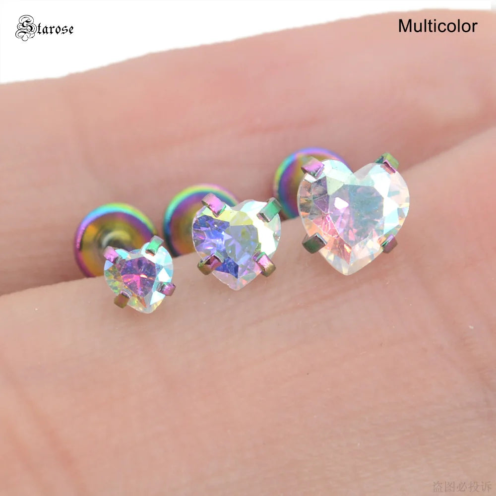 3Pcs-Set 3/4/5mm Rainbow CZ Heart Surgical Steel Nose Labret Stud Helix Tragus Piercing Jewelry Lip Cartilage Piercing 16G Post