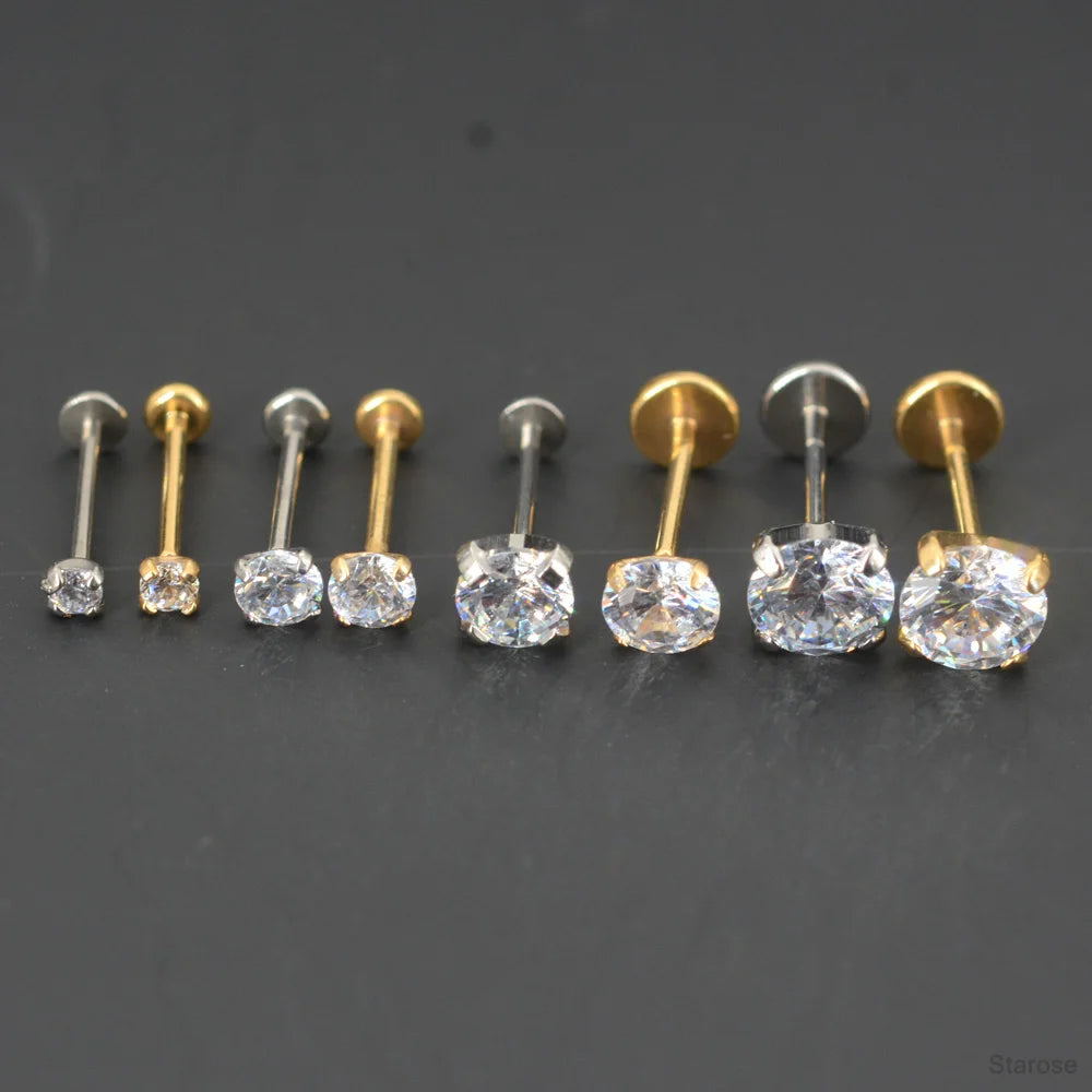 2 Pcs/Lot 20G-16G Pin Push-in Threadless Labret Stud for Ears Nose Stud with Flat Back 1.5/4mm CZ Stainless Steel Plug-in Conch Piercing Tragus Helix Piercing Jewelry