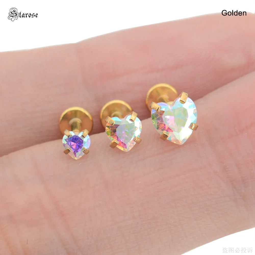 3Pcs-Set 3/4/5mm Rainbow CZ Heart Surgical Steel Nose Labret Stud Helix Tragus Piercing Jewelry Lip Cartilage Piercing 16G Post