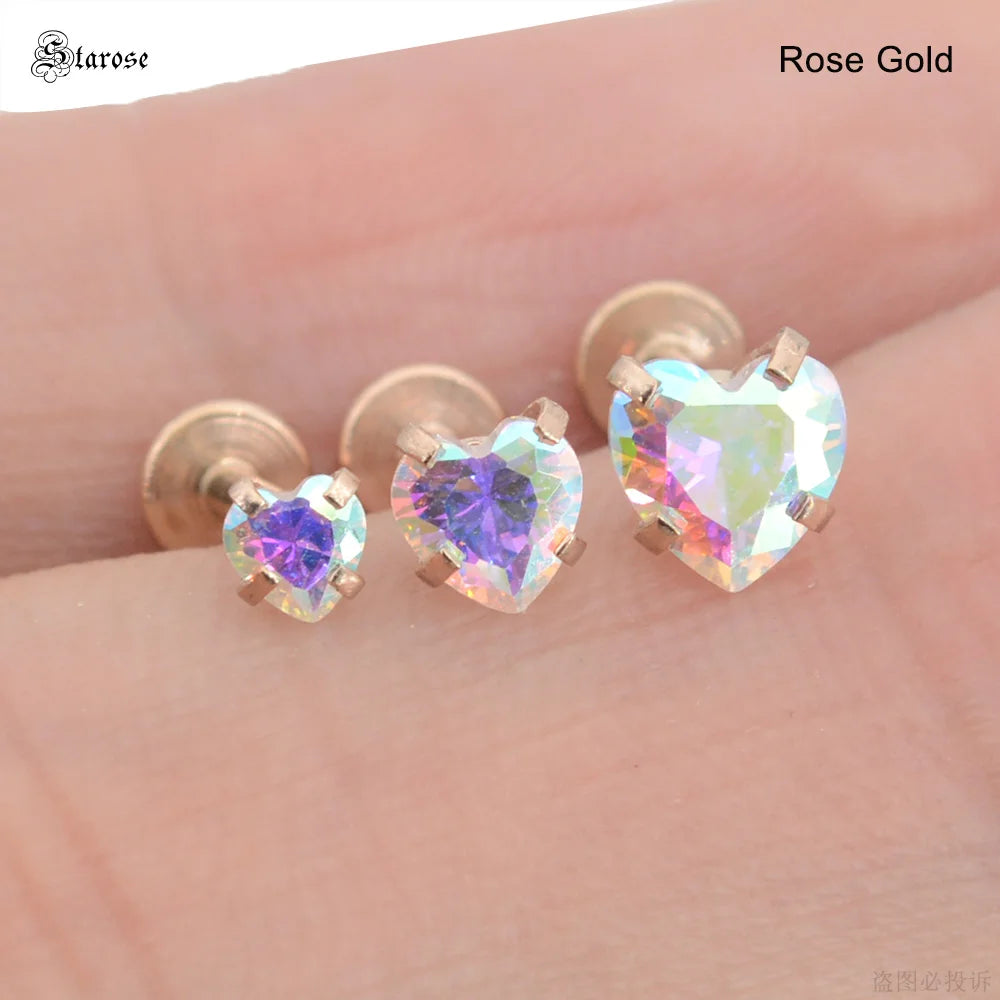 3Pcs-Set 3/4/5mm Rainbow CZ Heart Surgical Steel Nose Labret Stud Helix Tragus Piercing Jewelry Lip Cartilage Piercing 16G Post