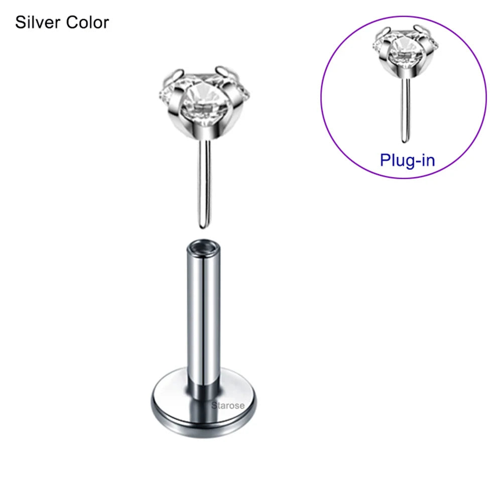 2 Pcs/Lot 20G-16G Pin Push-in Threadless Labret Stud for Ears Nose Stud with Flat Back 1.5/4mm CZ Stainless Steel Plug-in Conch Piercing Tragus Helix Piercing Jewelry