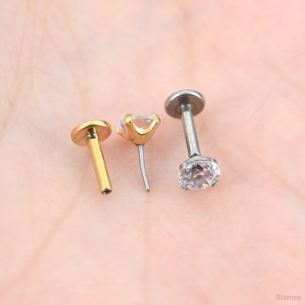 2 Pcs/Lot 20G-16G Pin Push-in Threadless Labret Stud for Ears Nose Stud with Flat Back 1.5/4mm CZ Stainless Steel Plug-in Conch Piercing Tragus Helix Piercing Jewelry